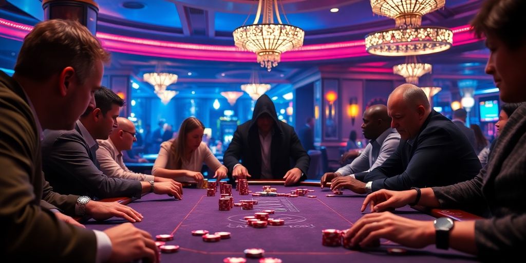 High-stakes poker game in a vibrant casino setting.