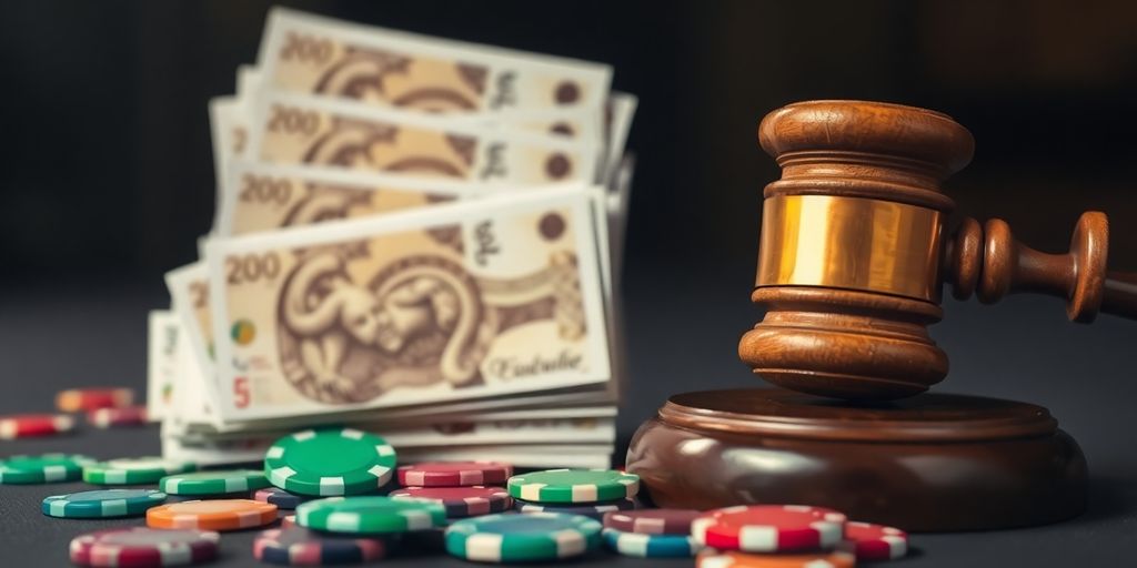 Money stacks, gavel, and casino chips.