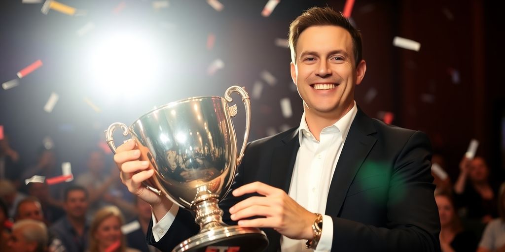 Andrew Hulme holding poker trophy, smiling