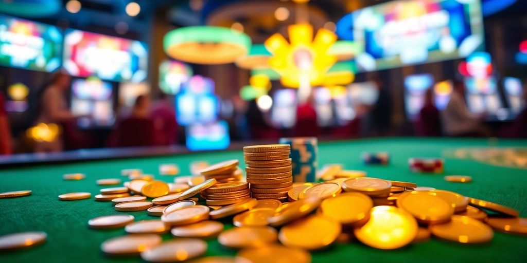 Gambling chips, stacked coins, and glowing screens.