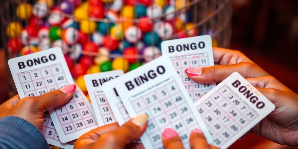Excited crowd playing bingo, colorful balls, dabbers.