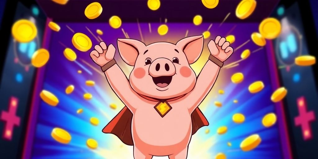 Pig superhero, glowing coins, explosive bonus, arcade game.