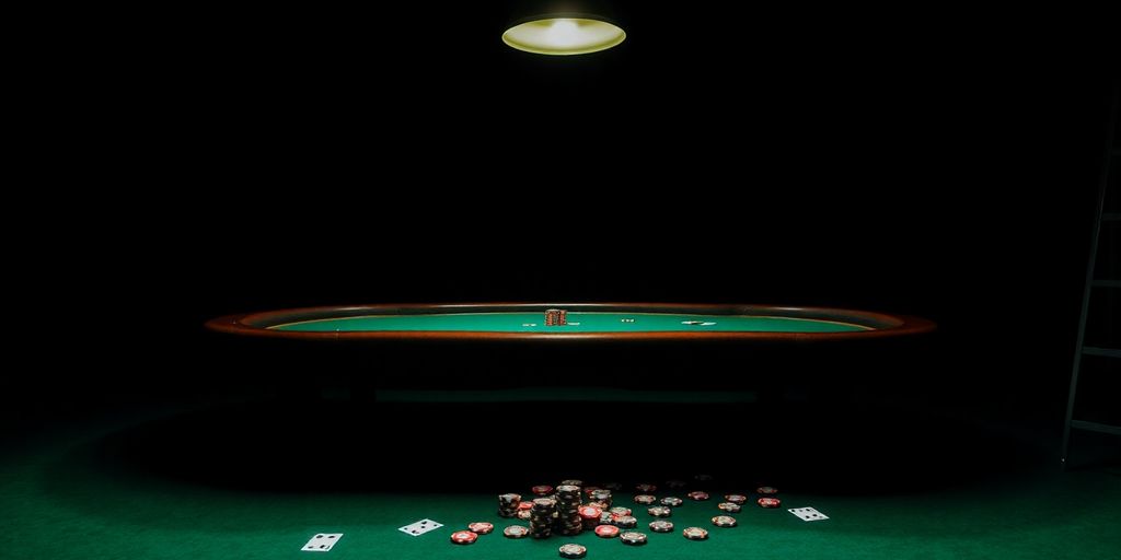 Empty poker table, scattered chips, dim light