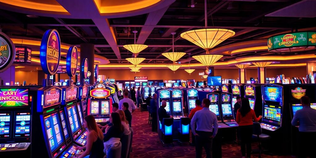 Bright casino interior, people gambling.