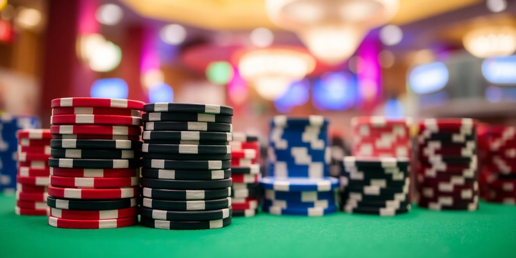 Poker chips stacked on green felt.