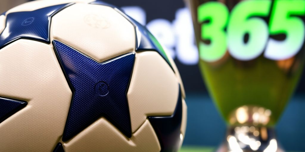 Soccer ball, champions league trophy, Bet365 logo.