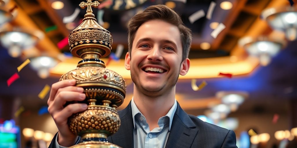 Poker player celebrates big win, holding trophy.