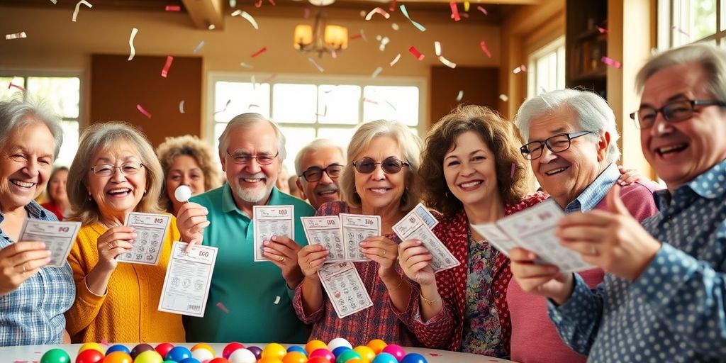 Excited diverse adults playing bingo.
