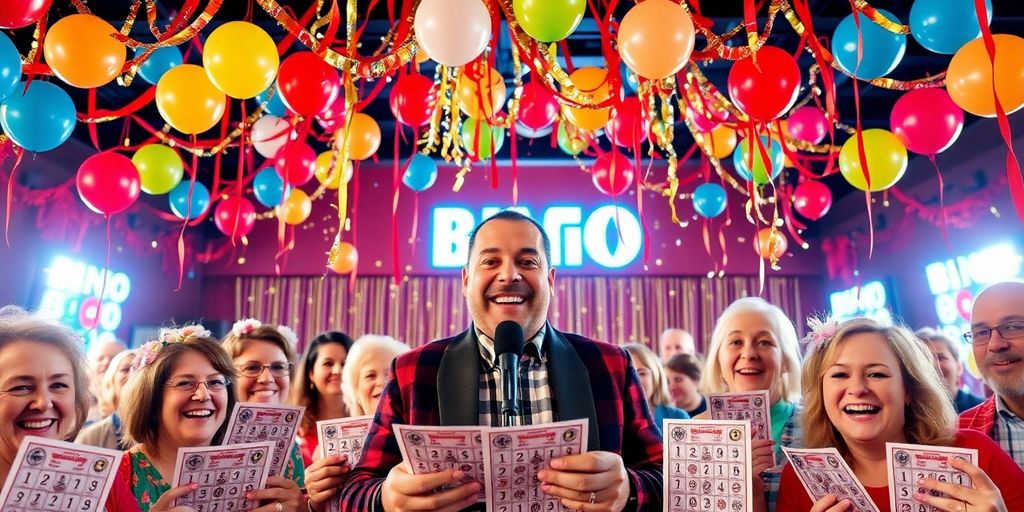 Bingo hall, champion caller, festive decorations, happy players