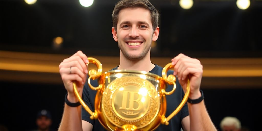 Andrew Hulme holding large poker trophy, smiling.