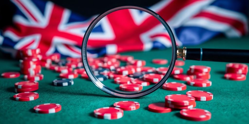 Gambling chips, magnifying glass, UK flag.
