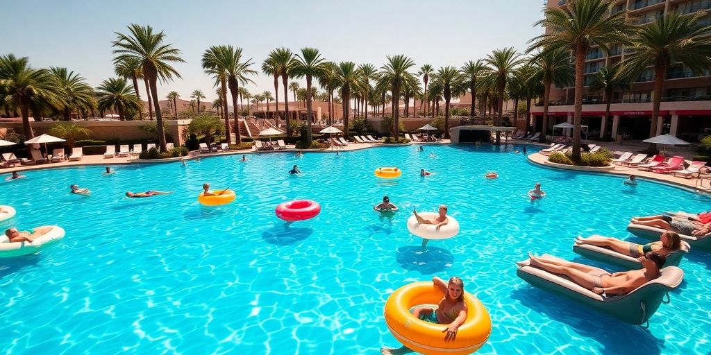 People relaxing in a vibrant, sun-drenched Las Vegas pool.