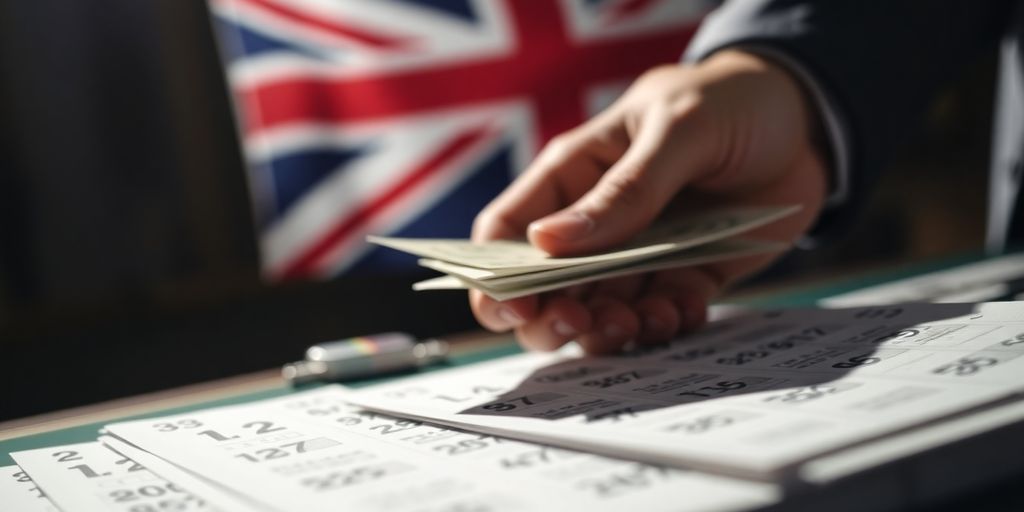 Shadowy figures, betting slips, UK flag