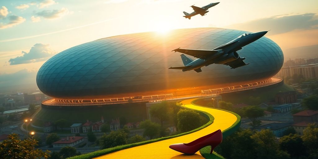 Top Gun jet flying over Oz's yellow brick road.