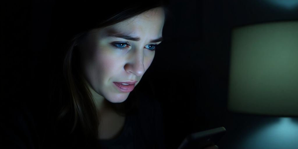Woman looking stressed at a phone.