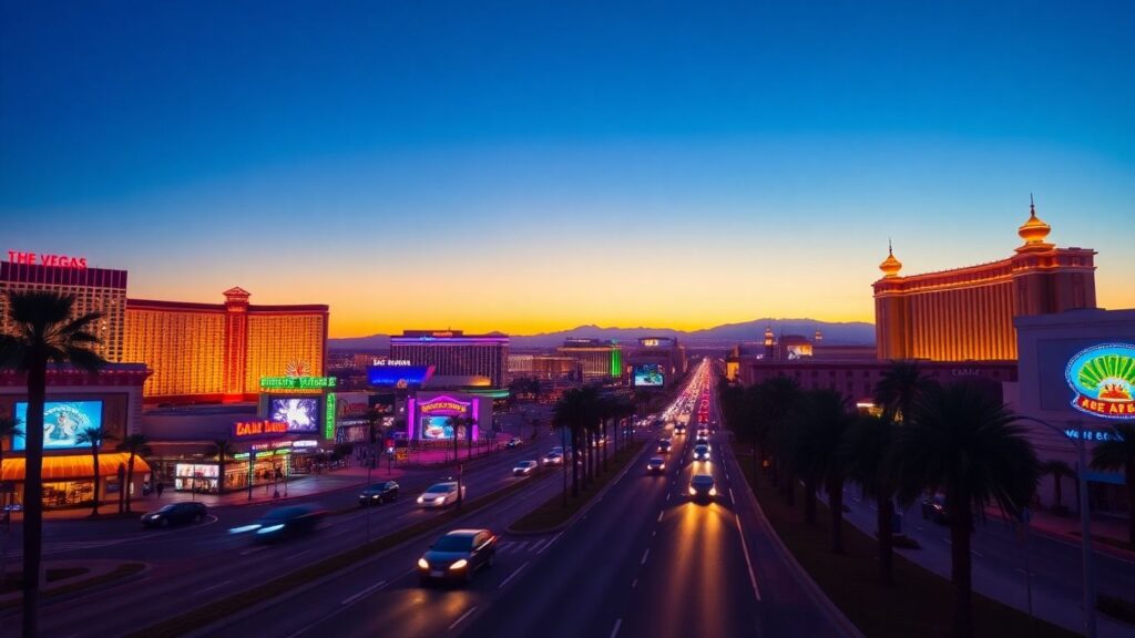 Bright Las Vegas cityscape with vibrant, sparkling lights.