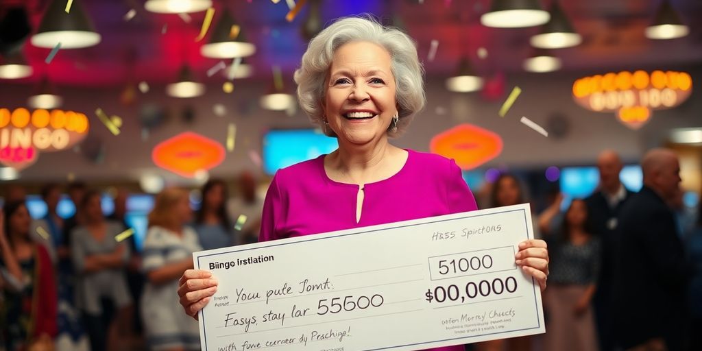 Woman celebrates bingo win, holding giant cheque.